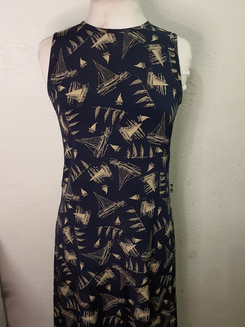 Lauren Ralph Lauren Silk  Navy Maxi Dress with Cream Sailboat Pattern